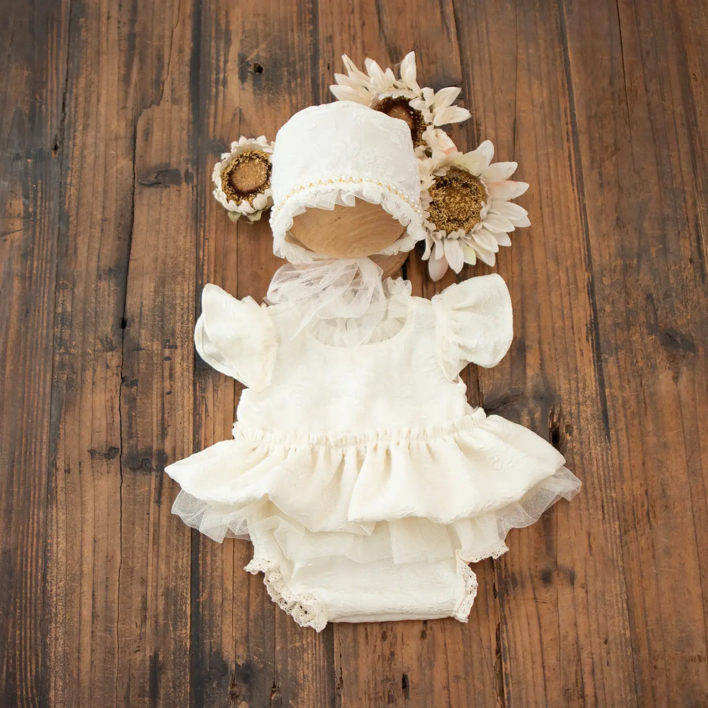 Baby Girl White Lace Dress Hat Set - Newborn Photography Outfit - Image 2